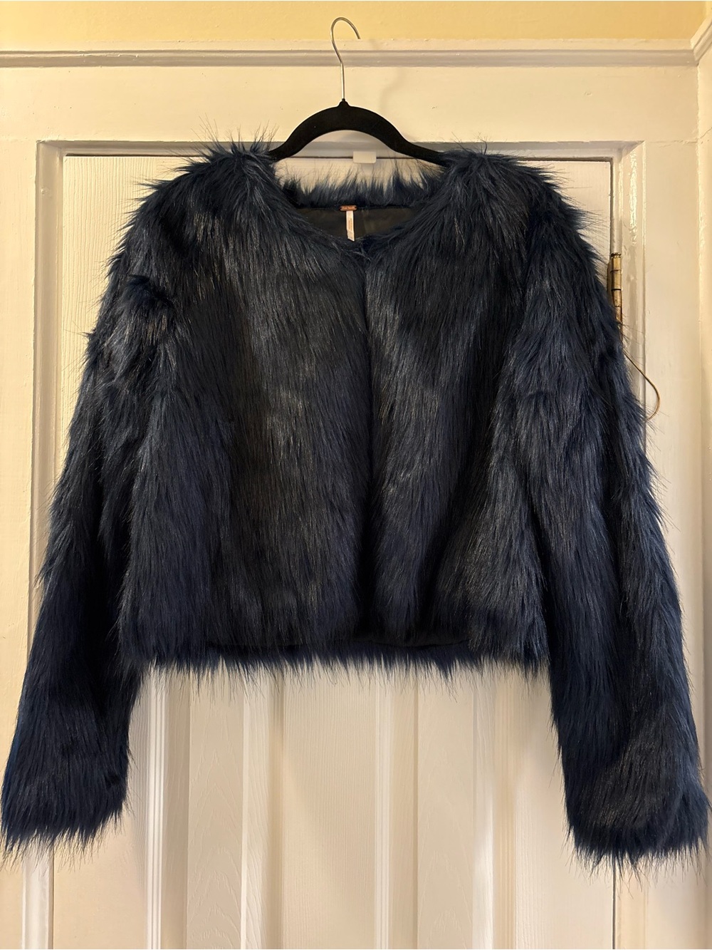 Free People Navy Faux Fur Crop Jacket